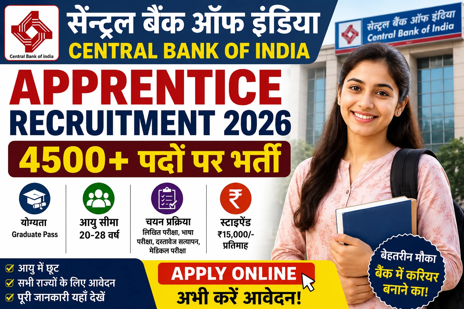 Central Bank of India Apprentice Recruitment 2026: 4500 पदों पर भर्ती, ग्रेजुएट उम्मीदवार करें ऑनलाइन आवेदन