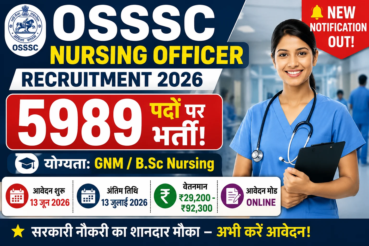 OSSSC Nursing Officer Recruitment 2026: 5989 पदों पर बंपर भर्ती, GNM/B.Sc Nursing उम्मीदवारों के लिए सुनहरा अवसर