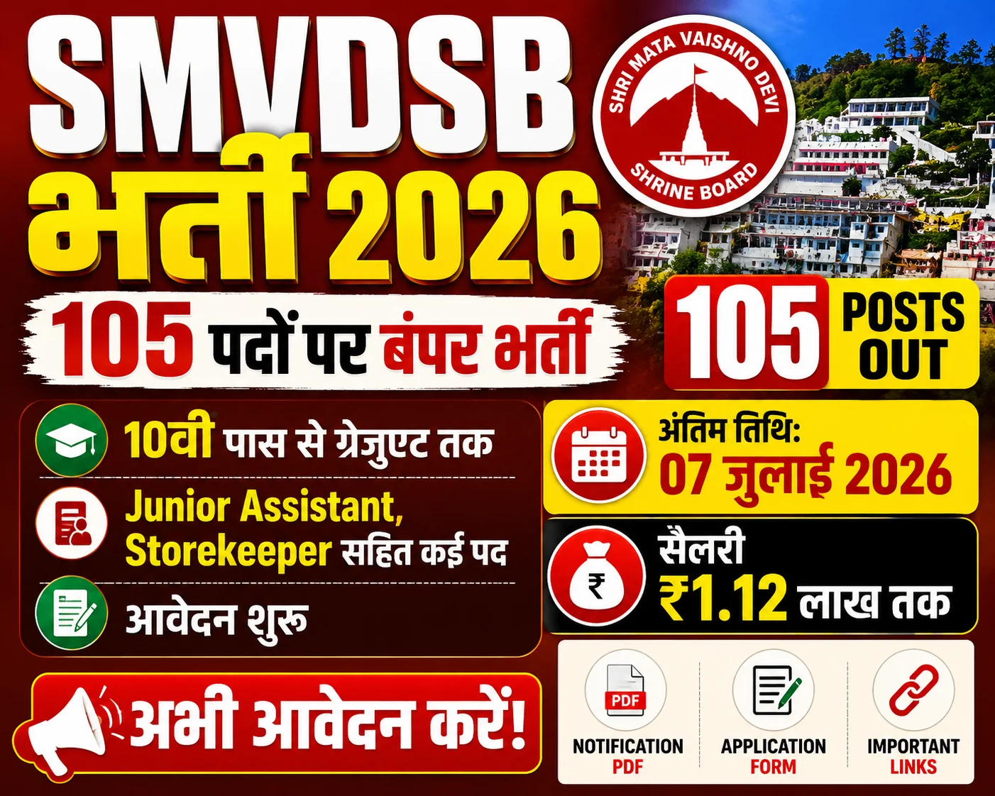 SMVDSB Recruitment 2026: 105 पदों पर भर्ती, ग्रेजुएट और 10वीं पास उम्मीदवारों के लिए शानदार मौका, 07 जुलाई तक करें आवेदन